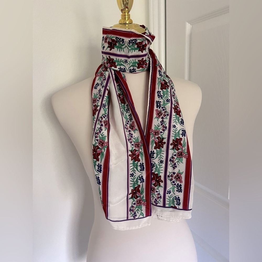 Gorgeous Vintage Hattie Carnegie Oblong White Green Purple and Burgundy Scarf